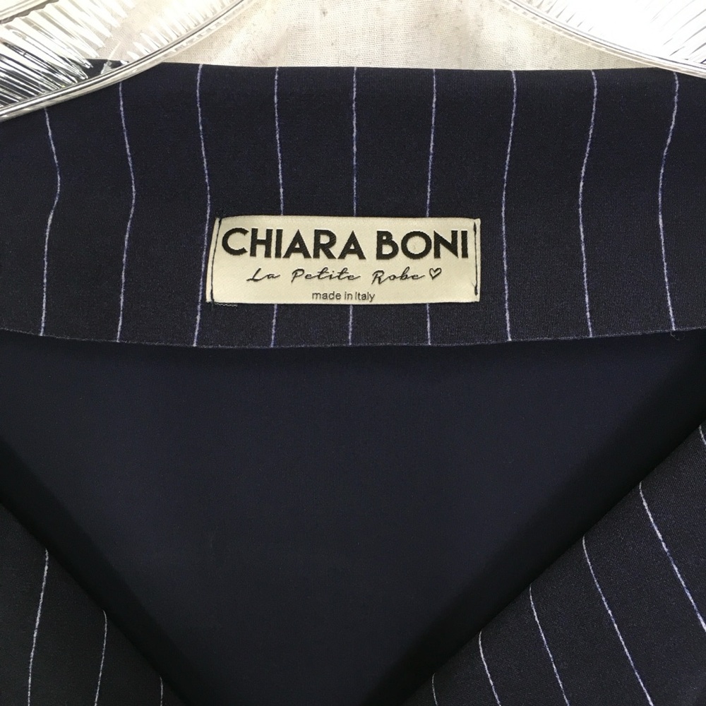 Chiara Boni Navy Blue Minna 3/4 Sleeve Pinstriped Ruched Dress Size 42 US XS - Picture 5 of 11